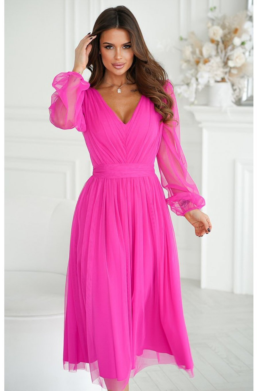 Rochie midi eleganta din tul cu glitter roz neon cu maneca lunga Petra 1 - jojofashion.ro