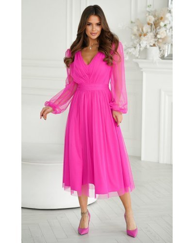 Rochie midi eleganta din tul cu glitter roz neon cu maneca lunga Petra Rochii midi, Rochie midi eleganta din tul cu glitter roz neon cu maneca lunga Petra - jojofashion.ro