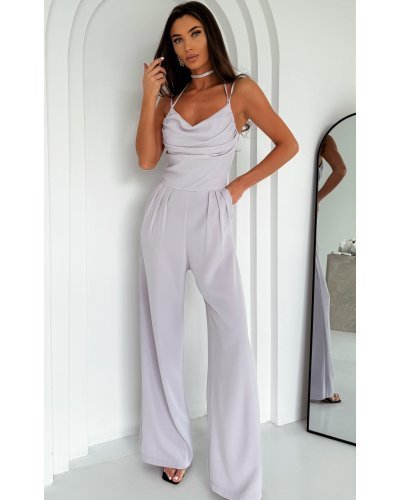 Salopeta eleganta, evazata, gri, cu spatele gol, Lajla Salopete dama, Salopeta eleganta, evazata, gri, cu spatele gol, Lajla - jojofashion.ro