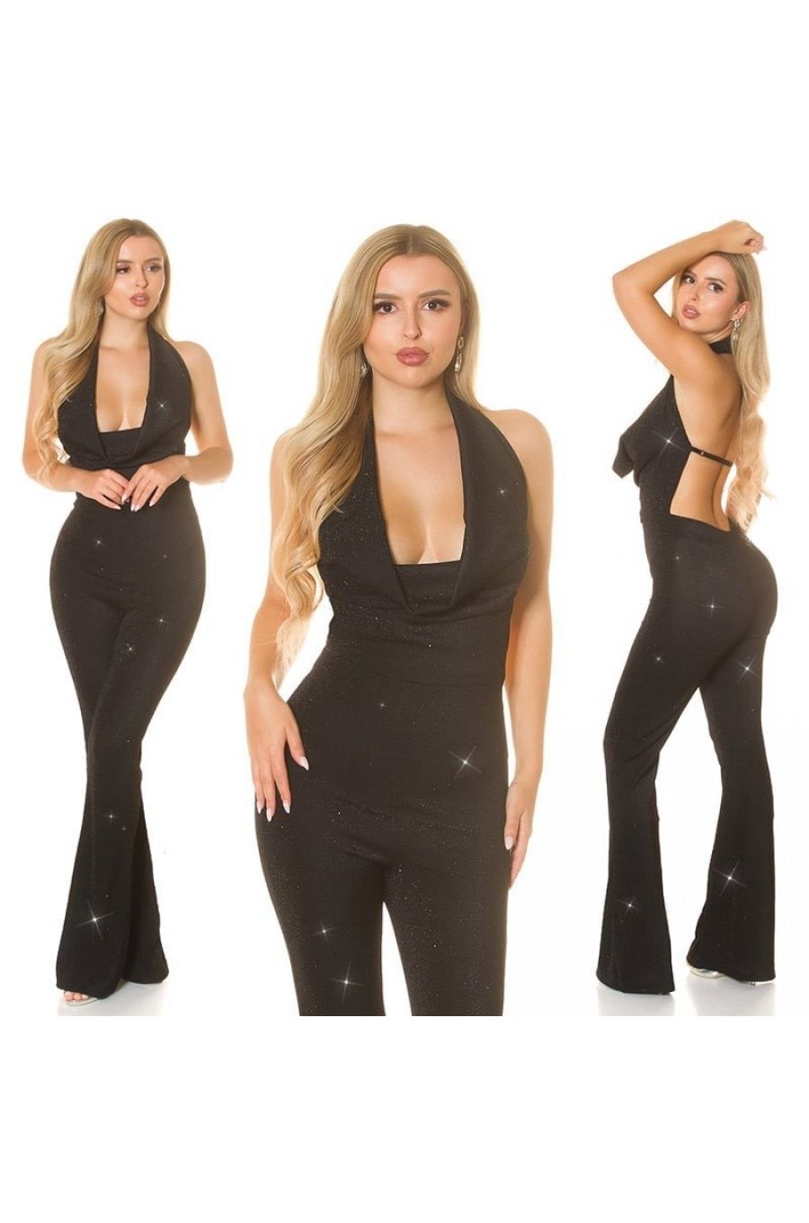 Salopeta evazata neagra cu glitter spate gol si decoletu cascata Priscilla 3 - jojofashion.ro