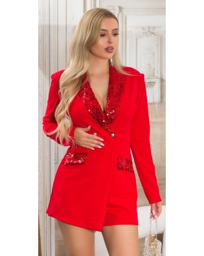 Salopeta rosie scurta stil sacou cu paiete pe revere si buzunare Chiquita - jojofashion.ro
