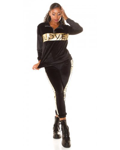 Trening dama casual, din catifea, negru cu print auriu Dalys Treninguri dama, Trening dama casual, din catifea, negru cu print auriu Dalys - jojofashion.ro