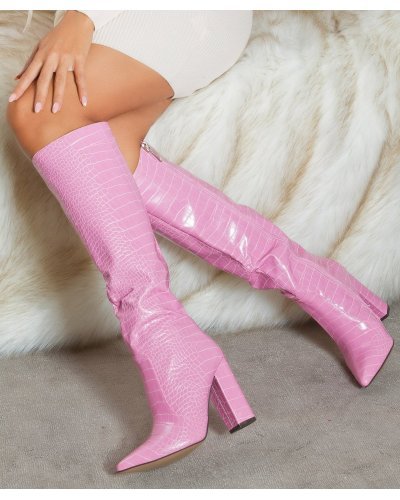 Cizme dama lungi, imitatie piele crocodil, roz, cu toc patrat, Ginette Incaltaminte de dama, Cizme dama lungi, imitatie piele crocodil, roz, cu toc patrat, Ginette - jojofashion.ro