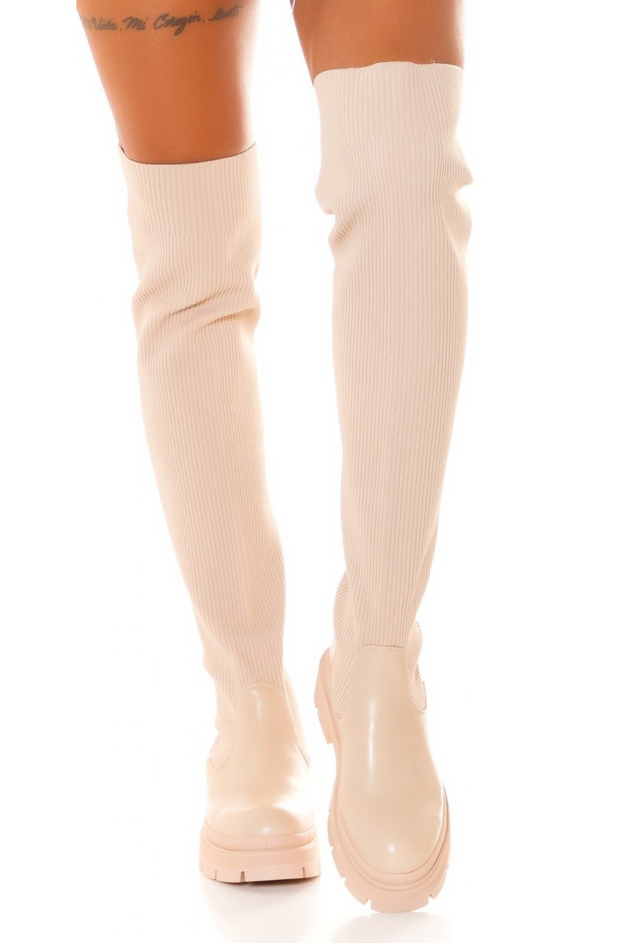 Cizme dama lungi peste genunchi, din piele eco si material sintetic, bej, Emberli Cizme dama lungi peste genunchi, din piele eco si material sintetic, bej, Emberli 1 - jojofashion.ro