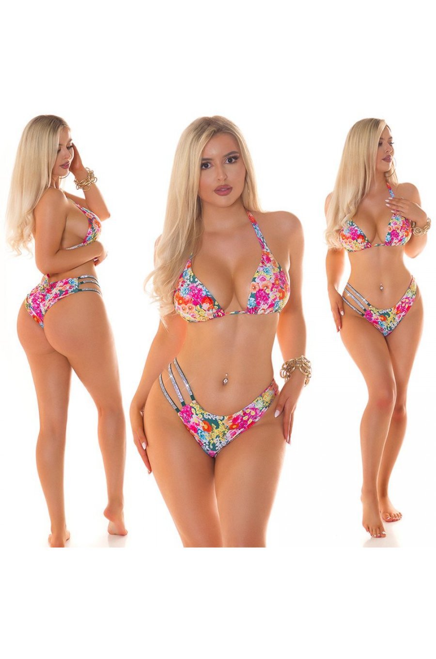 Costum de baie doua piese, roz cu flori, accesorizat cu strasuri, Sawa 6 - jojofashion.ro
