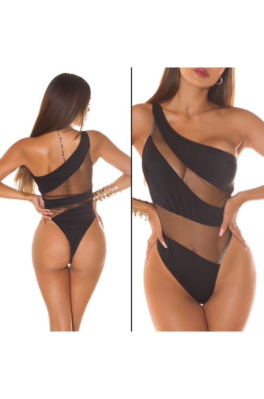Costum de baie monokini, negru, cu benzi transparente, cu un umar gol, Yoselin 5 - jojofashion.ro