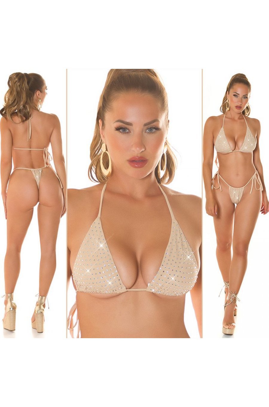 Costum de baie tanga, din doua piese, bej, cu pietricele, Saharr 4 - jojofashion.ro