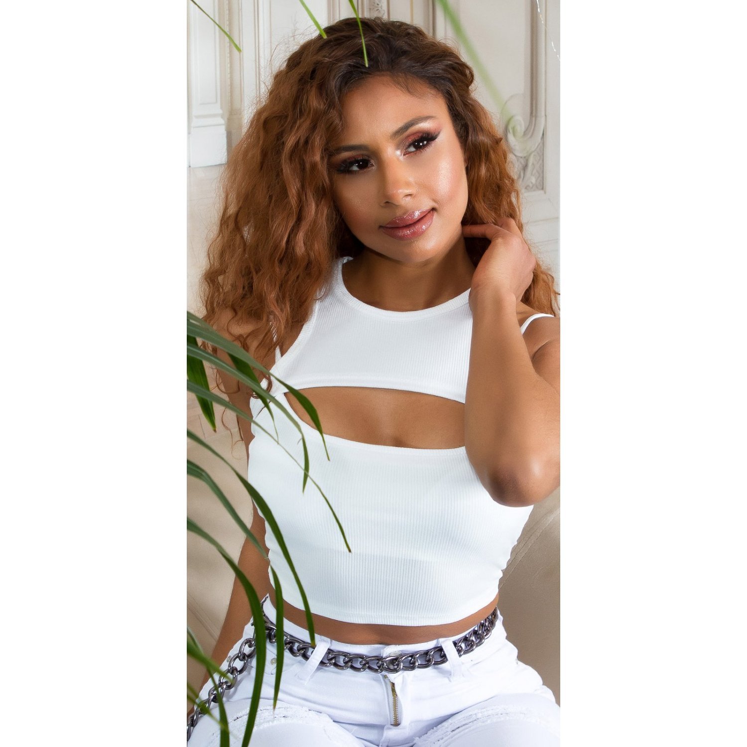 Crop top dama alb cu decupaje, Genevieve JojoFashion.ro