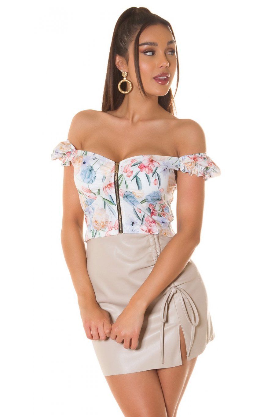 Crop top dama, alb cu flori, tip corset, cu umerii goi, Maryella Crop top dama, alb cu flori, tip corset, cu umerii goi, Maryella 3 - jojofashion.ro