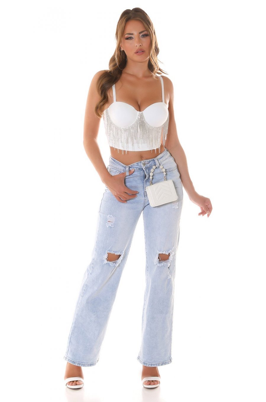 Crop top dama alb, cu franjuri argintii, Yandra 5 - jojofashion.ro