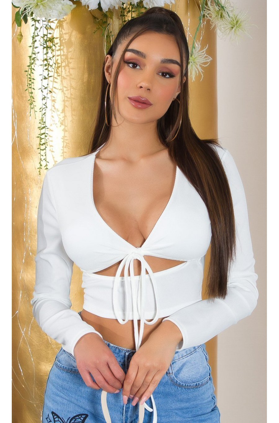 Crop top dama alb, cu maneca lunga si cupe, Darya 1 - jojofashion.ro