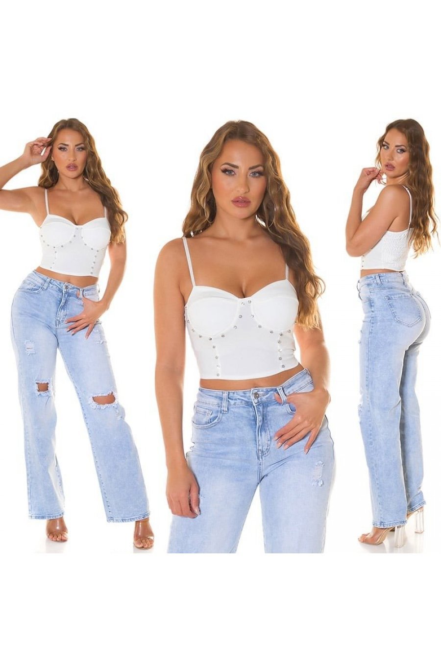 Crop top dama, alb, cu pietricele si cupe incorporate, Karinne Crop top dama, alb, cu pietricele si cupe incorporate, Karinne 5 - jojofashion.ro