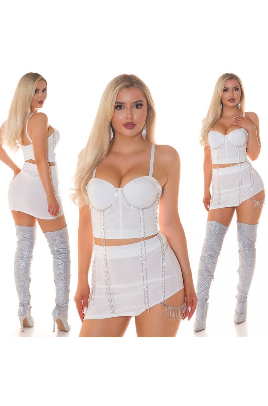 Tinuta top alb tip corset si fusta alba Lavy 3 - jojofashion.ro
