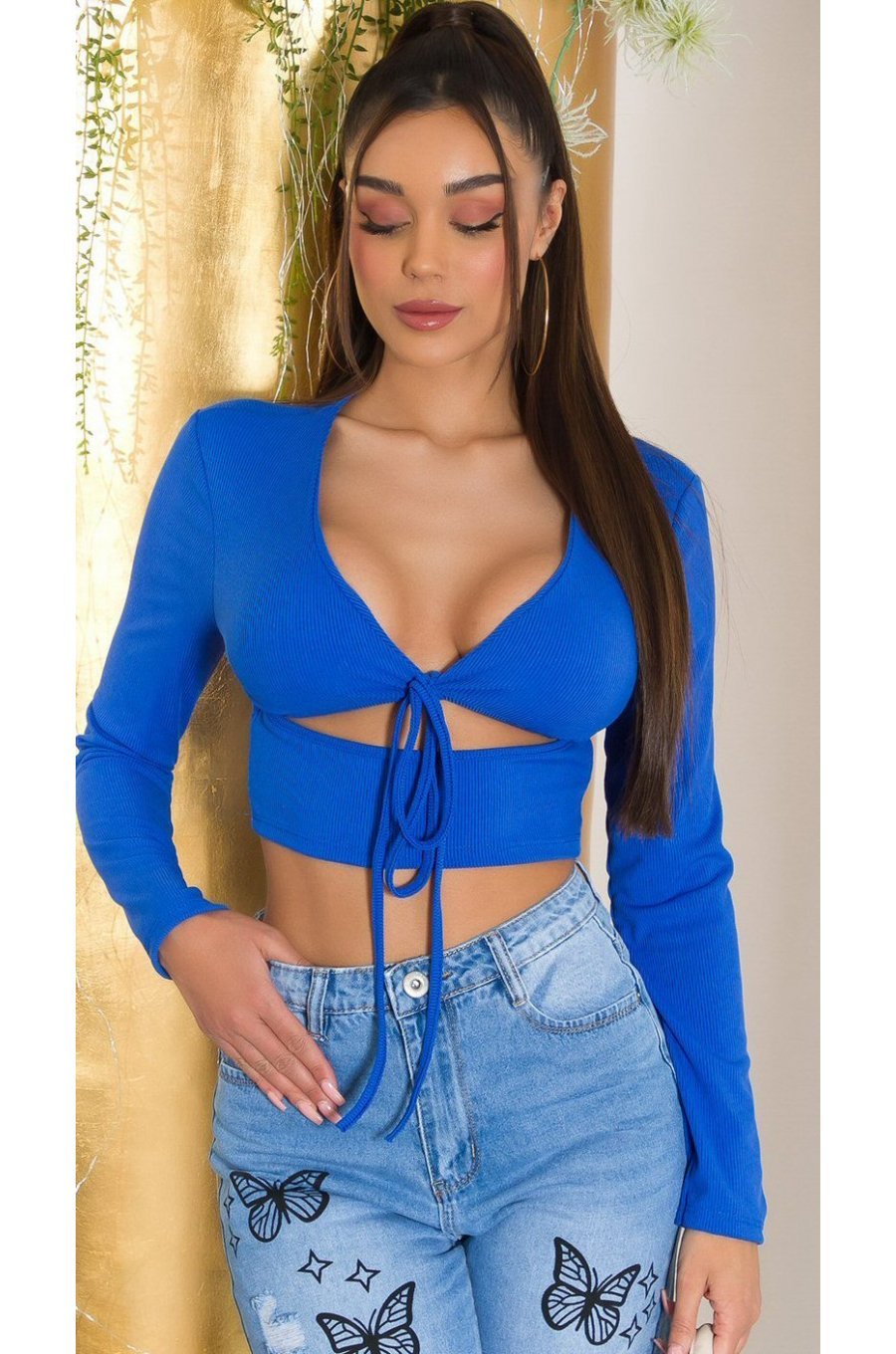 Crop top dama albastru, cu maneca lunga si cupe, Darya Crop top dama albastru, cu maneca lunga si cupe, Darya 1 - jojofashion.ro