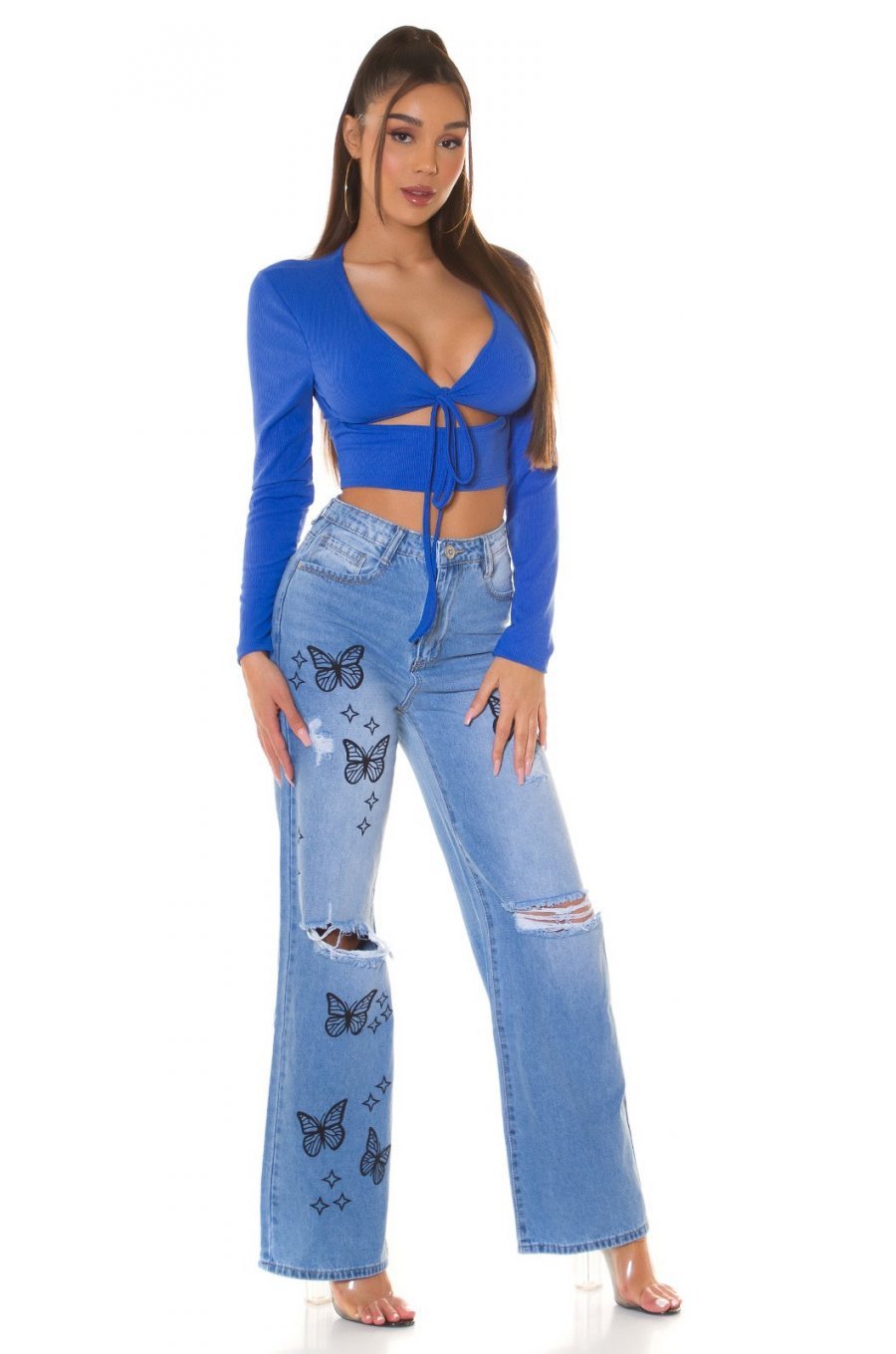 Crop top dama albastru, cu maneca lunga si cupe, Darya Crop top dama albastru, cu maneca lunga si cupe, Darya 3 - jojofashion.ro
