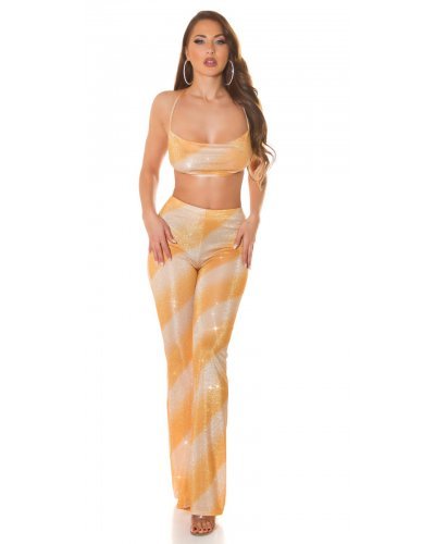 Tinuta glitter top auriu si pantaloni aurii evazati Aireen Tinute de club, Tinuta glitter top auriu si pantaloni aurii evazati Aireen - jojofashion.ro