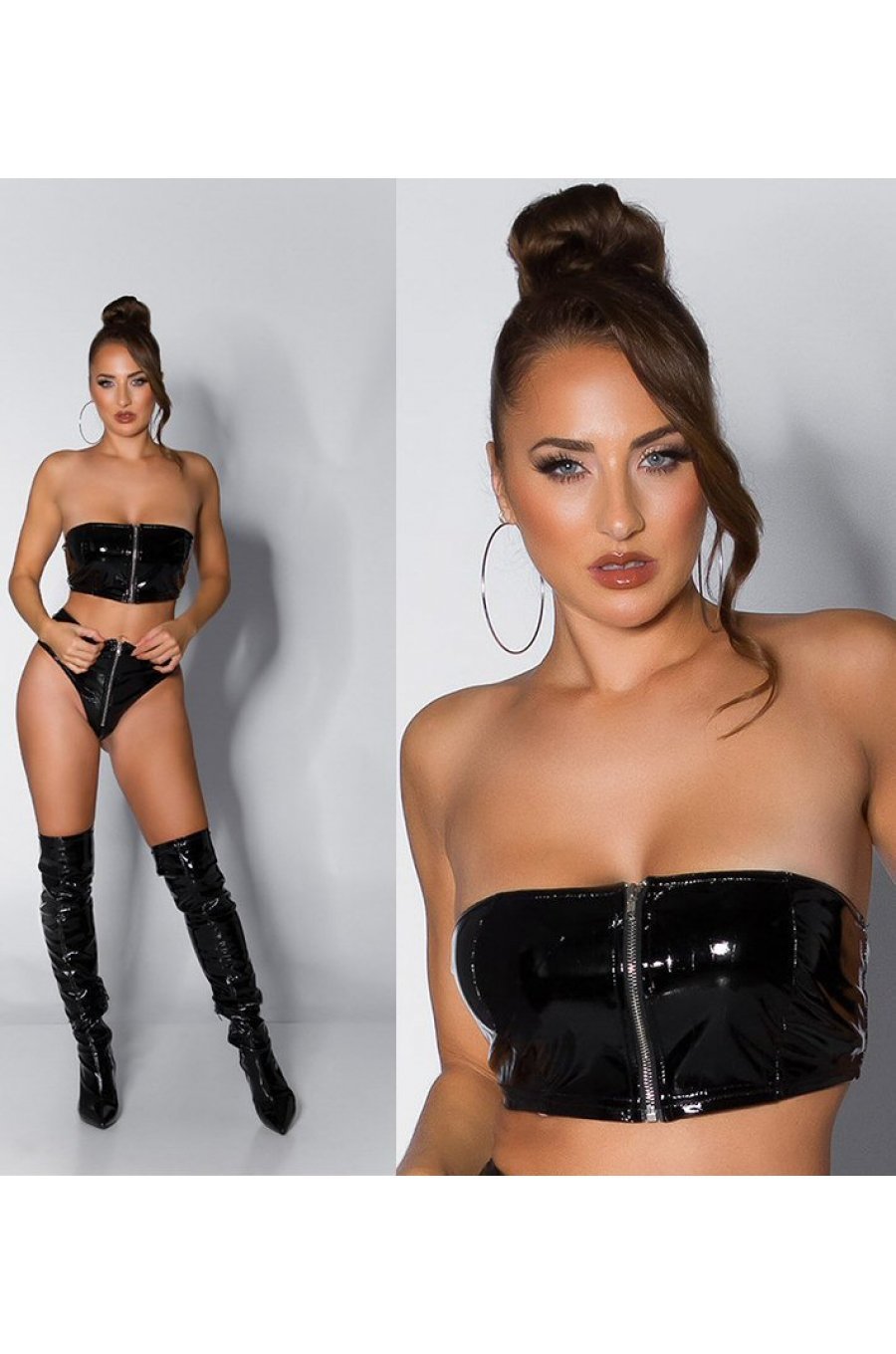 Crop top dama bandeau, latex negru, cu fermoar, Mutya Crop top dama bandeau, latex negru, cu fermoar, Mutya 4 - jojofashion.ro
