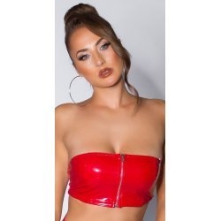 Crop top dama bandeau, latex rosu, cu fermoar, Mutya