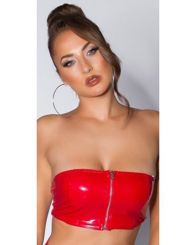 Crop top dama bandeau, latex rosu, cu fermoar, Mutya Crop top dama bandeau, latex rosu, cu fermoar, Mutya - jojofashion.ro