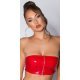 Crop top dama bandeau, latex rosu, cu fermoar, Mutya 2 - jojofashion.ro