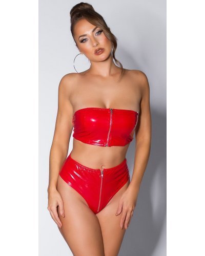 Crop top dama bandeau, latex rosu, cu fermoar, Mutya Crop top dama bandeau, latex rosu, cu fermoar, Mutya - jojofashion.ro