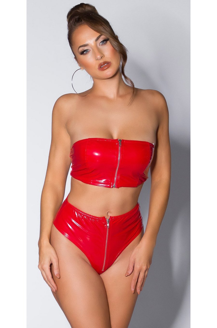 Crop top dama bandeau, latex rosu, cu fermoar, Mutya 2 - jojofashion.ro