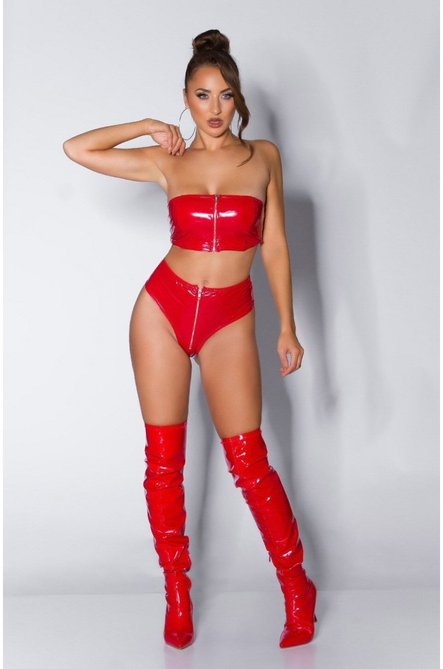 Crop top dama bandeau, latex rosu, cu fermoar, Mutya 3 - jojofashion.ro