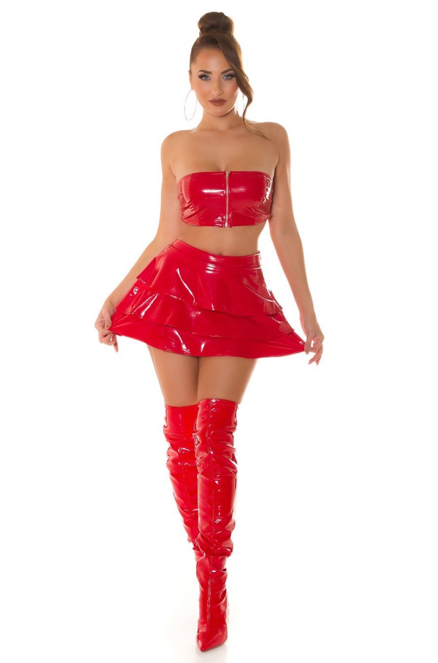 Crop top dama bandeau, latex rosu, cu fermoar, Mutya 4 - jojofashion.ro