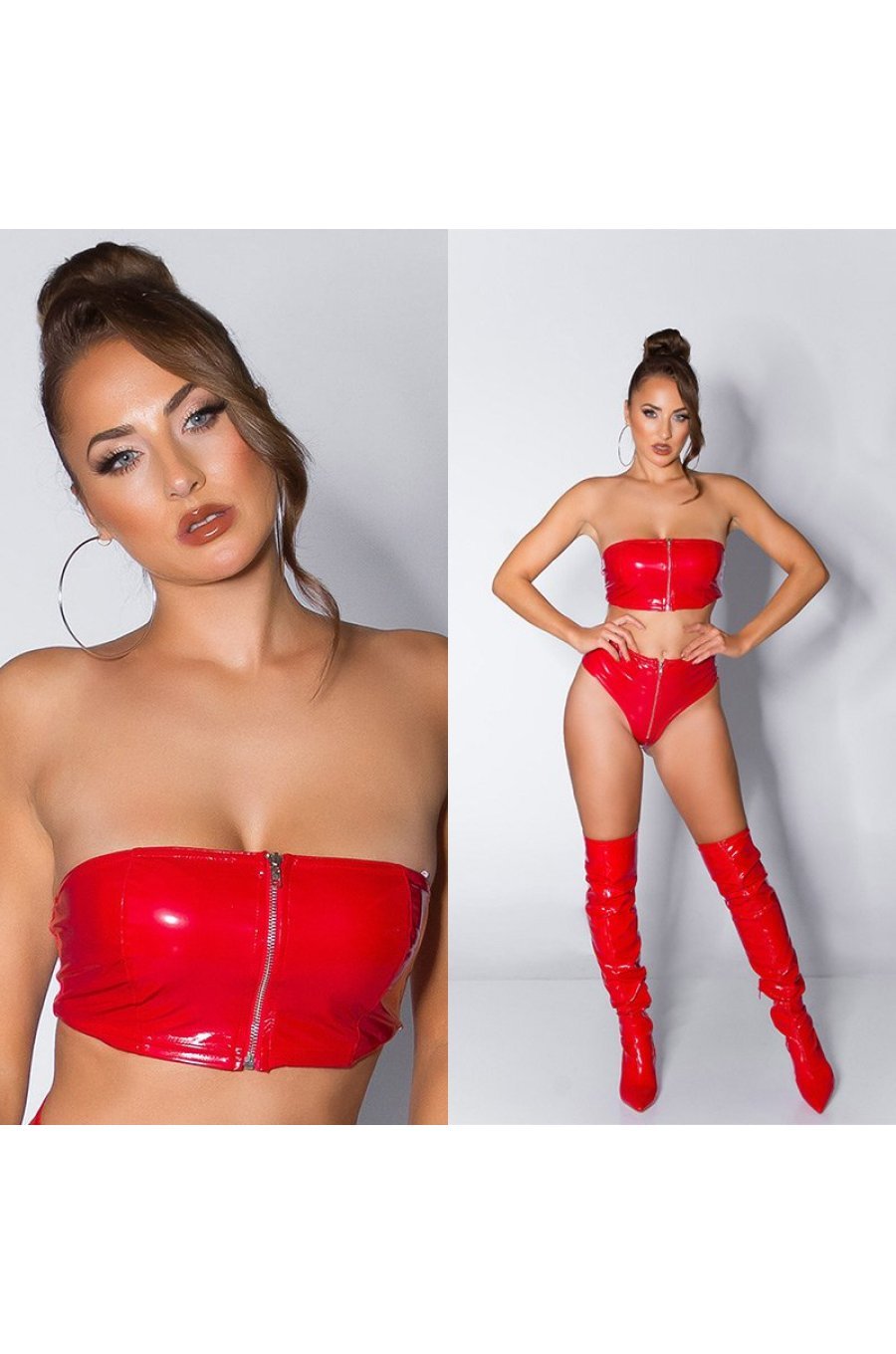 Crop top dama bandeau, latex rosu, cu fermoar, Mutya 5 - jojofashion.ro
