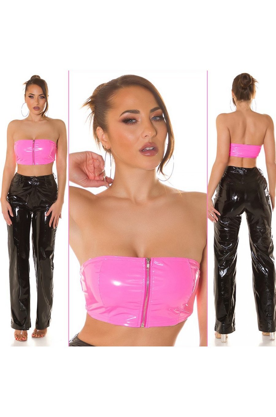 Crop top dama bandeau, latex roz bombon, cu fermoar, Mutya 6 - jojofashion.ro