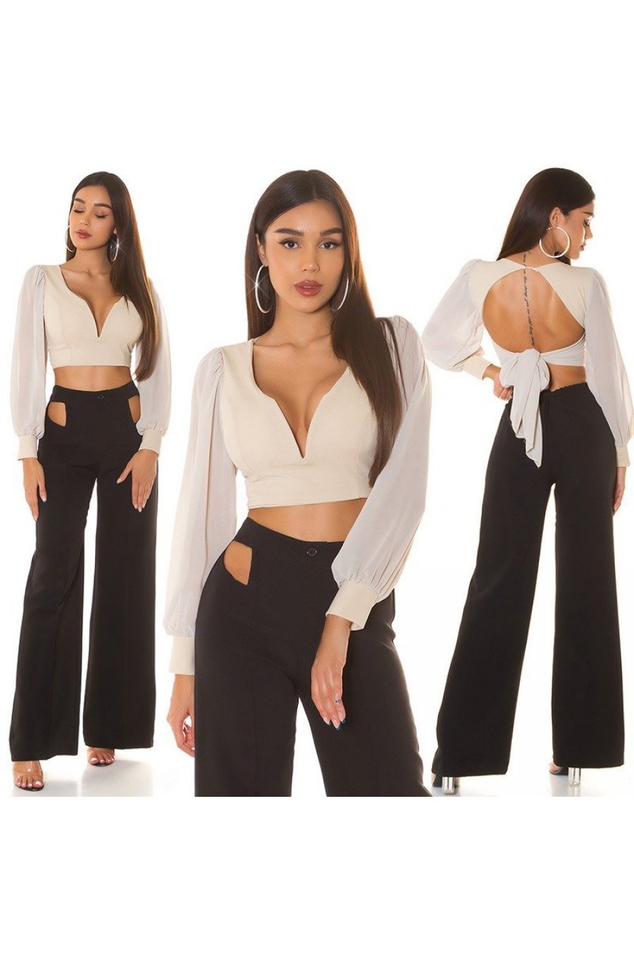 Crop top dama, bej, cu maneca lunga si decolteu in V, Meredith Crop top dama, bej, cu maneca lunga si decolteu in V, Meredith 5 - jojofashion.ro