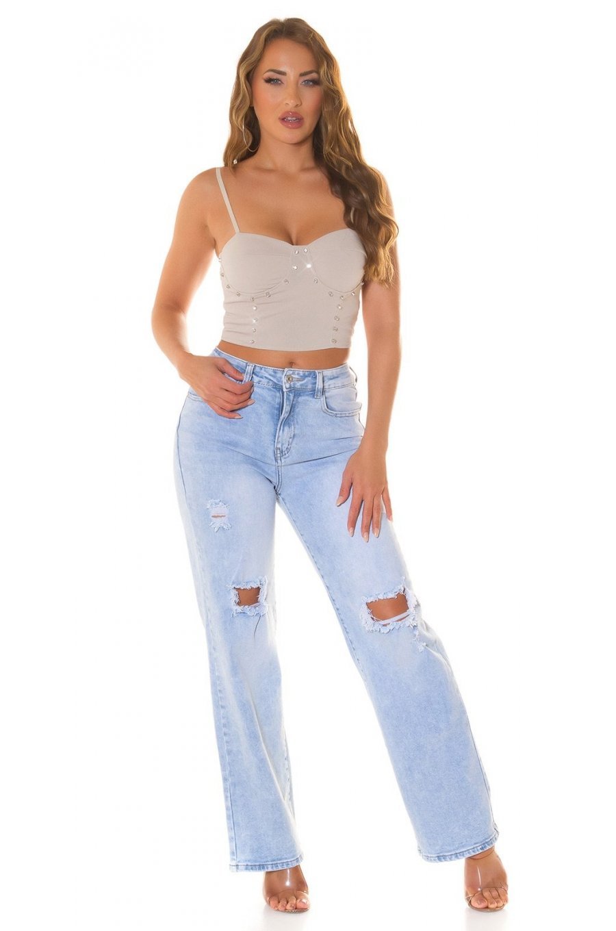 Crop top dama, bej, cu pietricele si cupe incorporate, Karinne Crop top dama, bej, cu pietricele si cupe incorporate, Karinne 3 - jojofashion.ro