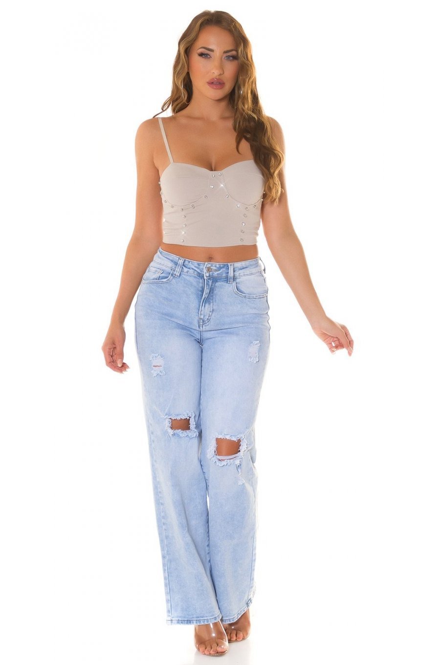 Crop top dama, bej, cu pietricele si cupe incorporate, Karinne Crop top dama, bej, cu pietricele si cupe incorporate, Karinne 5 - jojofashion.ro