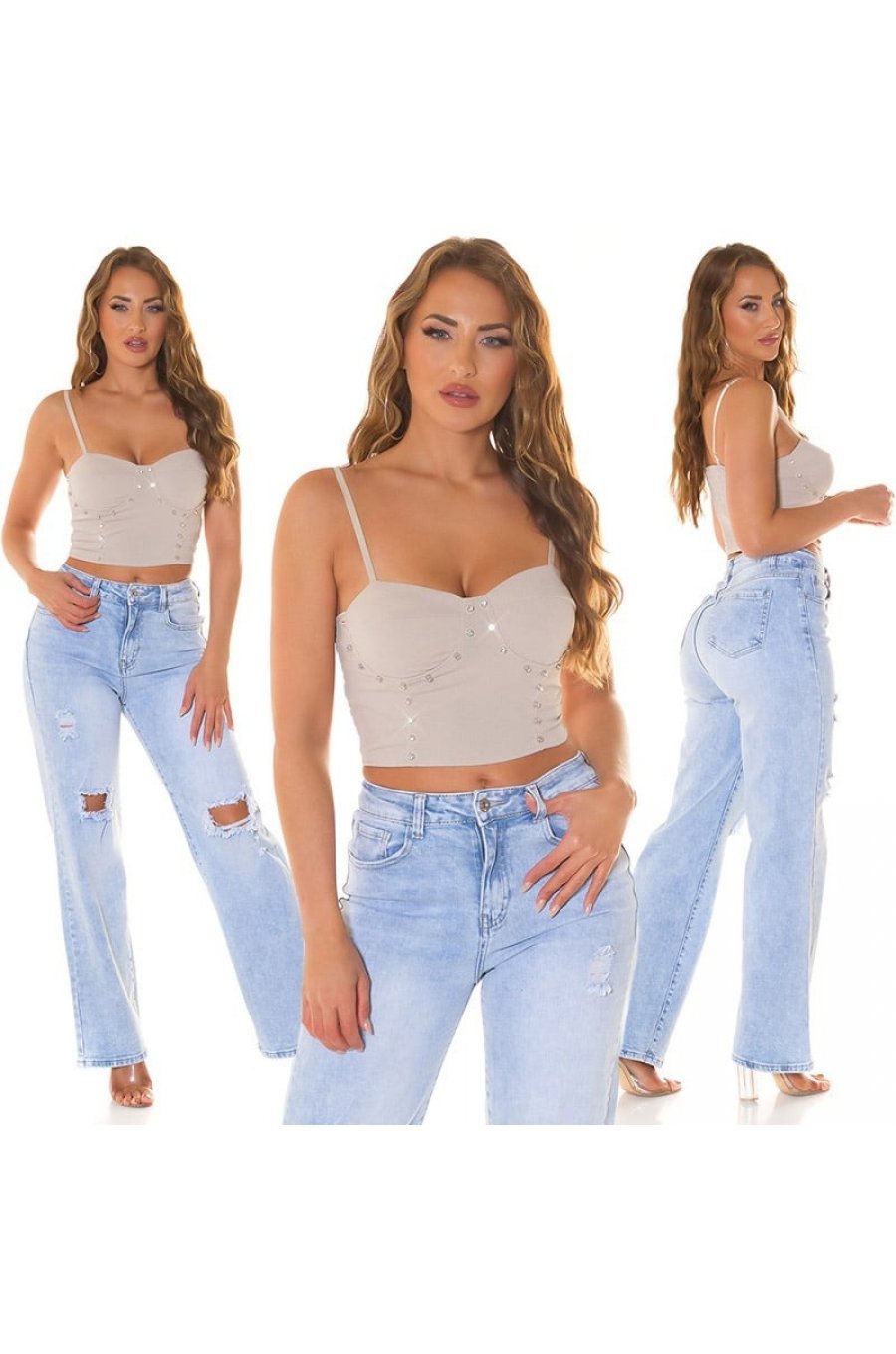 Crop top dama, bej, cu pietricele si cupe incorporate, Karinne Crop top dama, bej, cu pietricele si cupe incorporate, Karinne 6 - jojofashion.ro