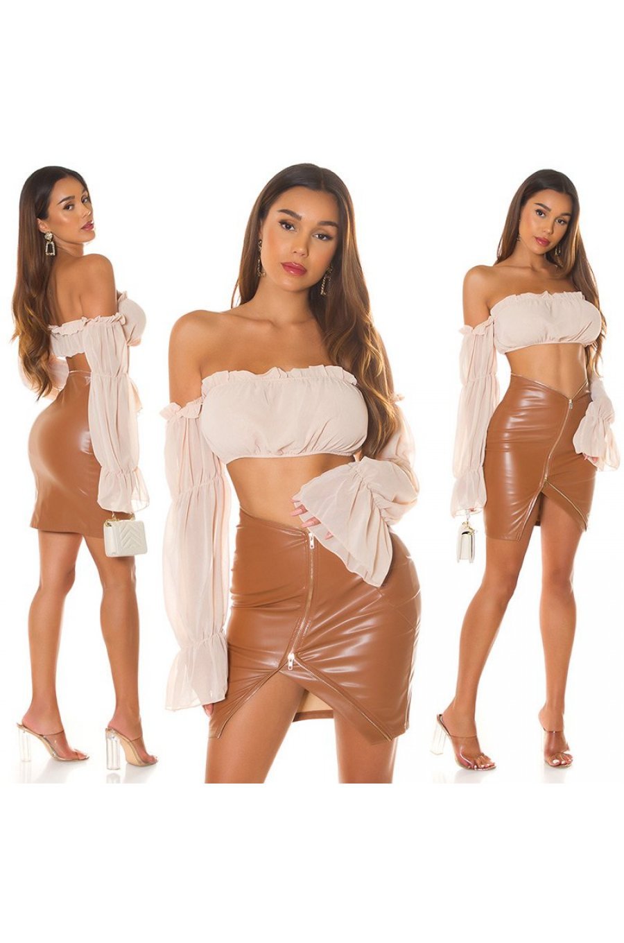 Tinuta crop top bej cu maneca lunga, fusta piele maro, geanta bej cu perle Lisette 1 - jojofashion.ro