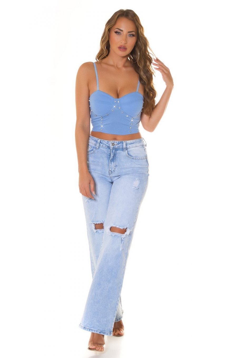 Crop top dama, bleu, cu pietricele si cupe incorporate, Karinne Crop top dama, bleu, cu pietricele si cupe incorporate, Karinne 5 - jojofashion.ro