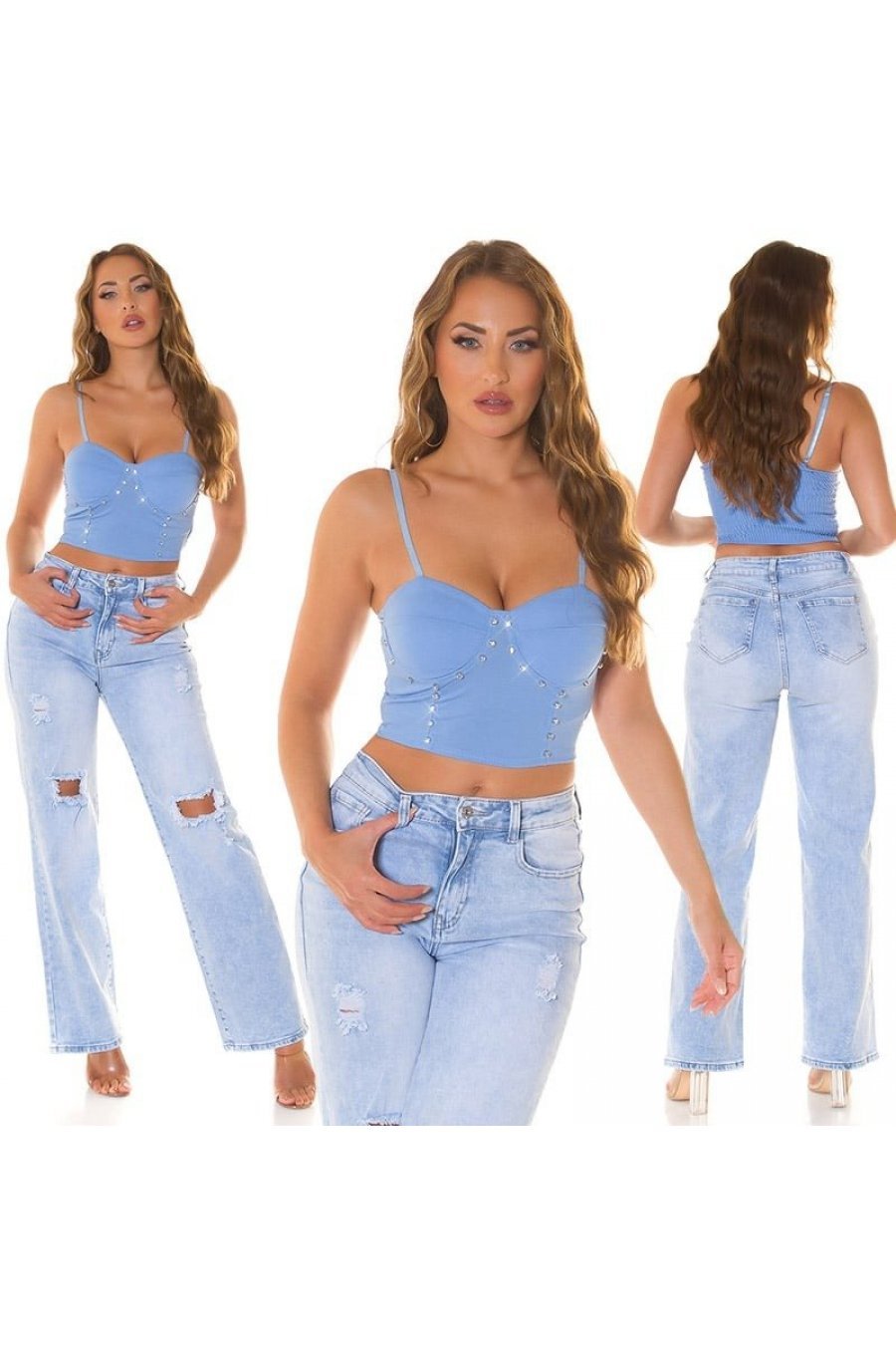 Crop top dama, bleu, cu pietricele si cupe incorporate, Karinne Crop top dama, bleu, cu pietricele si cupe incorporate, Karinne 6 - jojofashion.ro