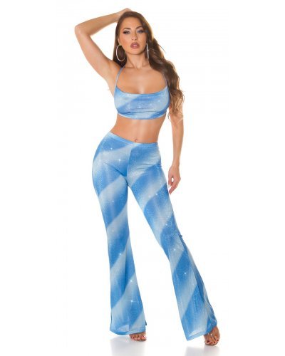 Tinuta glitter top bleu si pantaloni evazati Aireen Tinute de club, Tinuta glitter top bleu si pantaloni evazati Aireen - jojofashion.ro
