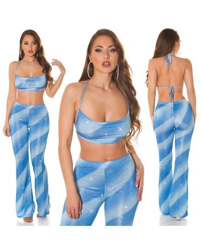 Tinuta glitter top bleu si pantaloni evazati Aireen Tinute de club, Tinuta glitter top bleu si pantaloni evazati Aireen - jojofashion.ro