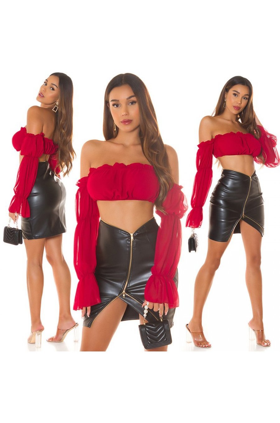 Crop top dama, burgundy, cu umerii goi, maneca lunga, in stil spaniol, Lisette 7 - jojofashion.ro