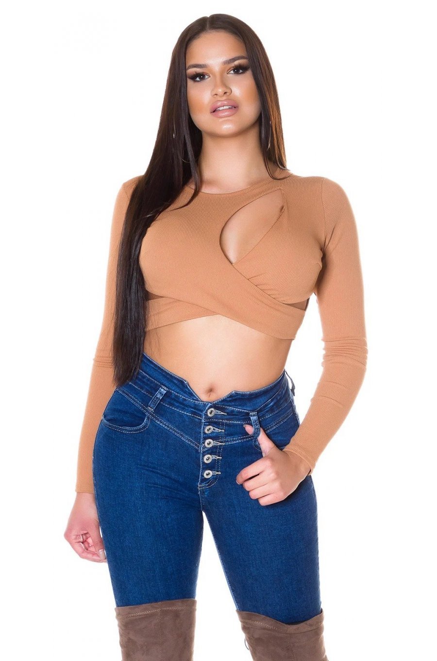 Crop top dama cappuccino cu maneci lungi Bomely 1 - jojofashion.ro