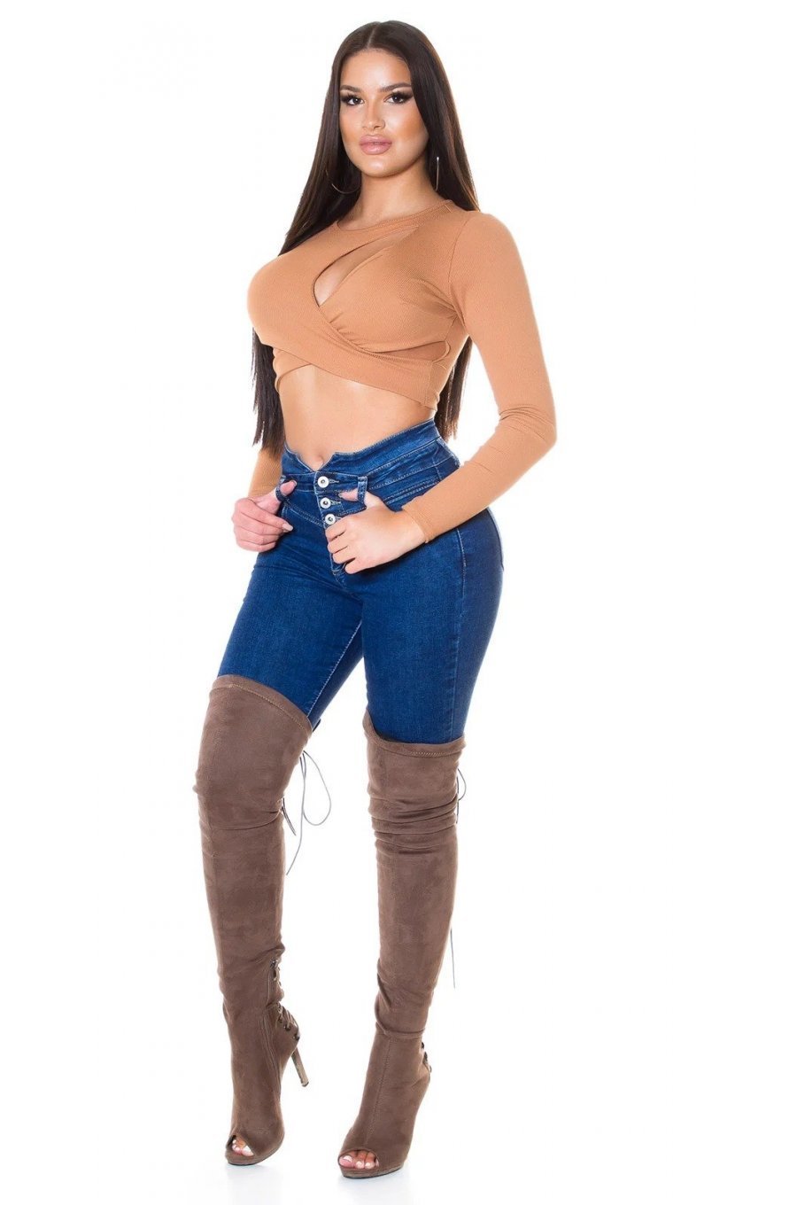 Crop top dama cappuccino cu maneci lungi Bomely 2 - jojofashion.ro