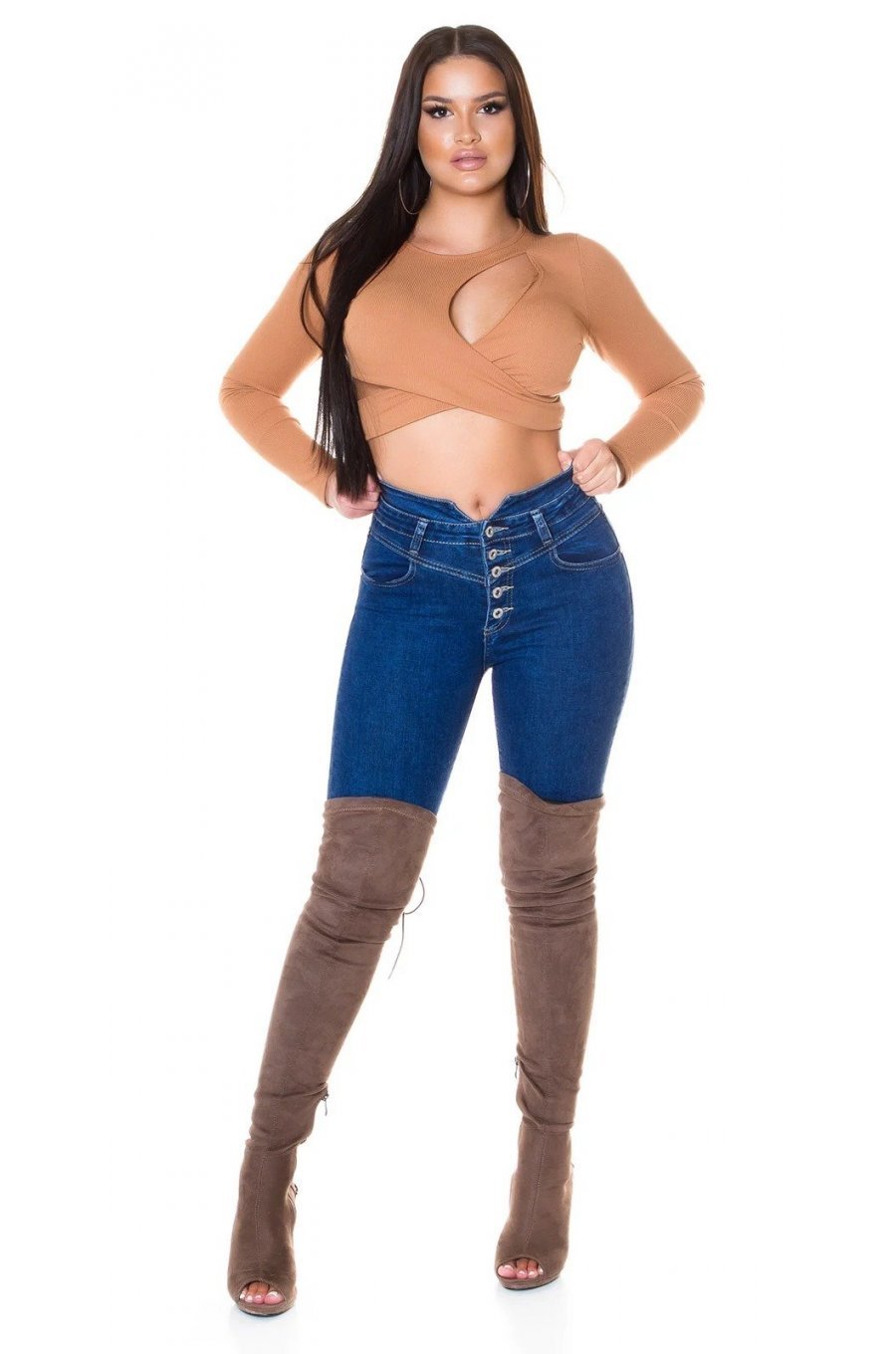 Crop top dama cappuccino cu maneci lungi Bomely 4 - jojofashion.ro