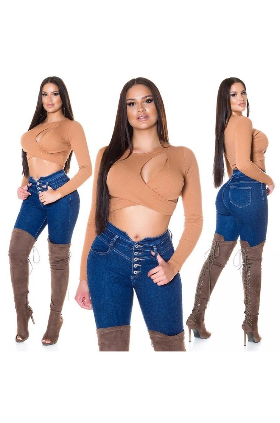 Crop top dama cappuccino cu maneci lungi Bomely 5 - jojofashion.ro
