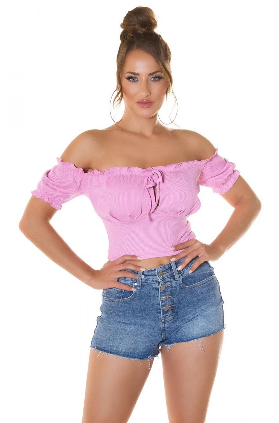 Crop top dama cu umerii goi roz Leelya Crop top dama cu umerii goi roz Leelya 1 - jojofashion.ro
