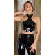 Crop top dama din latex negru, cu chocker, Victorina 2 - jojofashion.ro