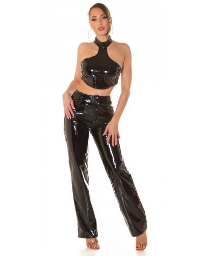 Tinuta de club, top negru din latex si pantaloni evazati Victory Tinute de club, Tinuta de club, top negru din latex si pantaloni evazati Victory - jojofashion.ro