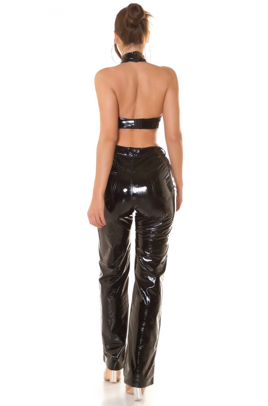 Crop top dama din latex negru, cu chocker, Victorina 4 - jojofashion.ro
