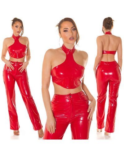 Tinuta de club, top rosu din latex si pantaloni evazati Victory Tinute de club, Tinuta de club, top rosu din latex si pantaloni evazati Victory - jojofashion.ro