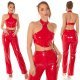 Tinuta de club, top rosu din latex si pantaloni evazati Victory 3 - jojofashion.ro